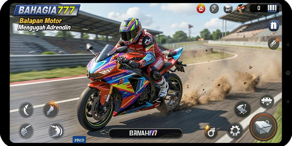 Tampilan permainan BAHAGIA777 dengan balapan motor yang seru.