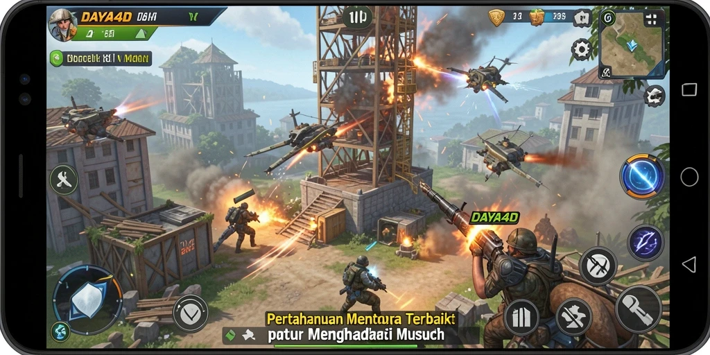 Screenshot utama menunjukkan aksi menara pertahanan melawan gelombang musuh.