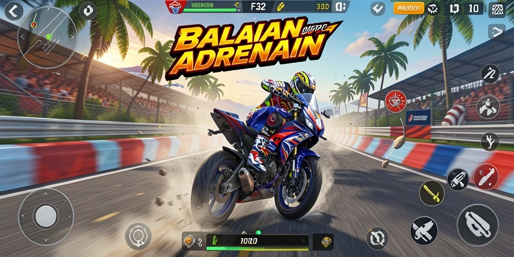 Screenshot F32 menampilkan suasana balap motor yang mendebarkan.