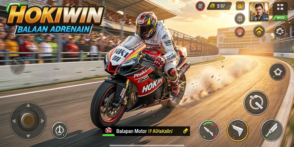 Gameplay HOKIWIN dengan aksi balapan motor yang mendebarkan.