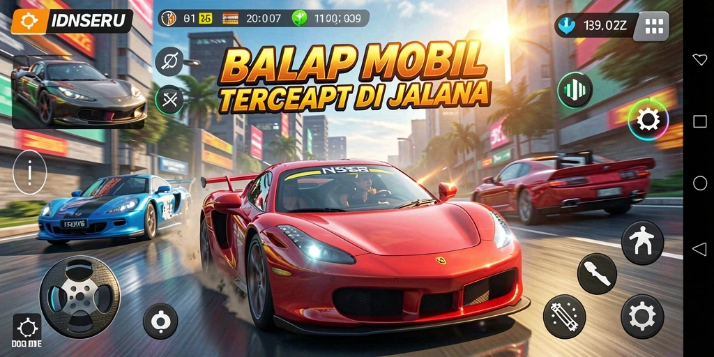Screenshot gameplay IDNSERU yang menunjukkan balapan mendebarkan di jalanan.