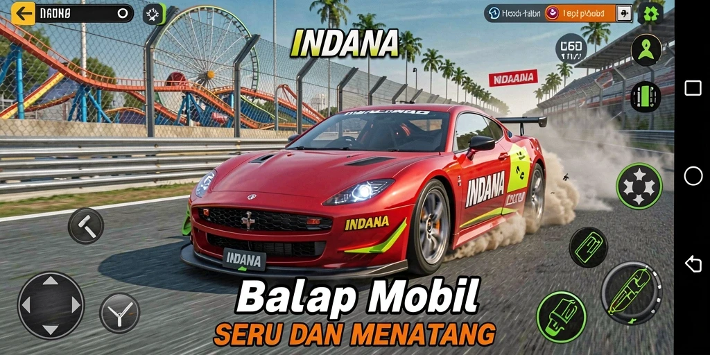Tampilan gameplay balap seru di INDAAA dengan mobil berkecepatan tinggi.