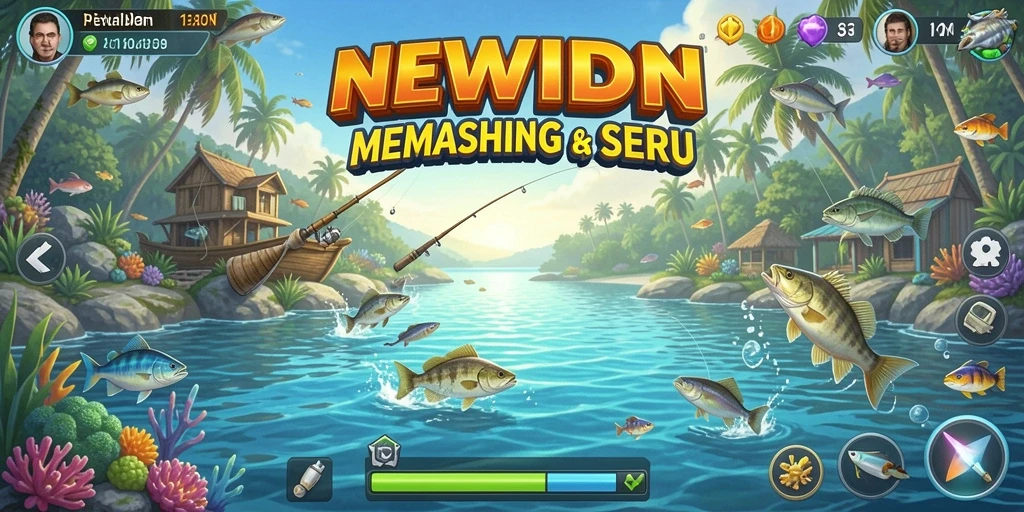 Screenshot dari gameplay <strong>NEWIDN</strong> yang menunjukkan keseruan memancing di berbagai lokasi.