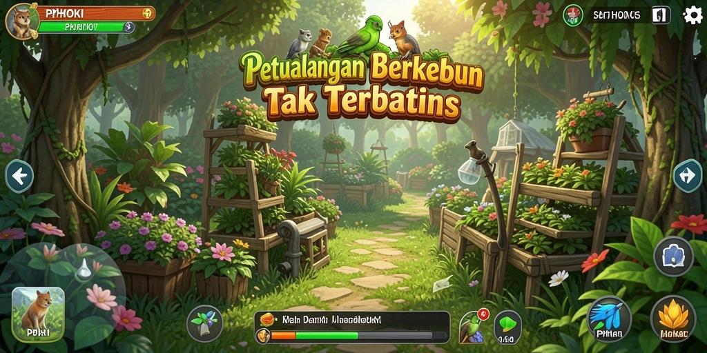 Screenshot PPHOKI menampilkan kebun dengan tanaman subur dan hewan peliharaan.