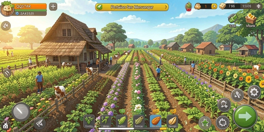 Screenshot gameplay QQSTAR menampilkan kebun yang indah dan aktivitas bertani.