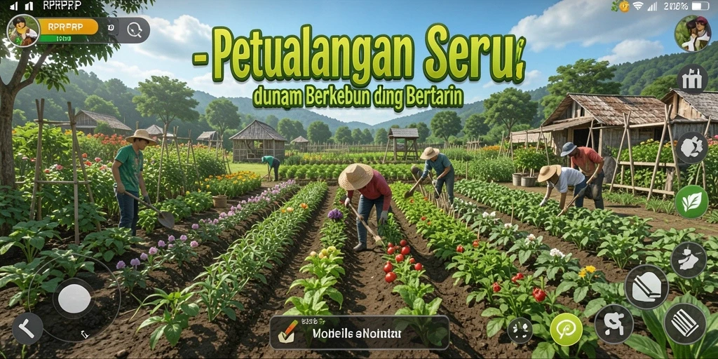 Screenshot gameplay RPRPRP dengan pemandangan ladang yang indah.