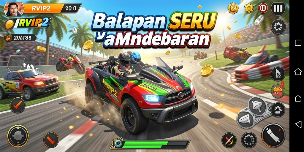 Screenshot gameplay RVIP2 menampilkan aksi balapan yang seru dan dramatis.
