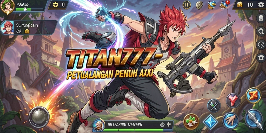 Screenshot utama TITAN777 menampilkan pertarungan seru di dunia anime.