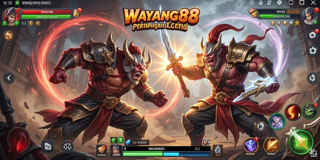 Screenshot dari gameplay <strong>WAYANG88</strong> yang menunjukkan pertarungan seru dan karakter unik.